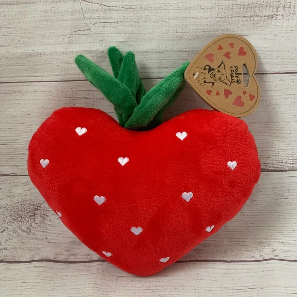 Pally Paws Red Heart Shaped Strawberry Plush Dog Toy with Embroidered Hearts 10